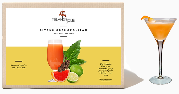 Mélange Jolie Citrus Cosmopolitan Cocktail SipKit™ with ingredients and tools for cocktail making, including a martini glass and dehydrated fruits.